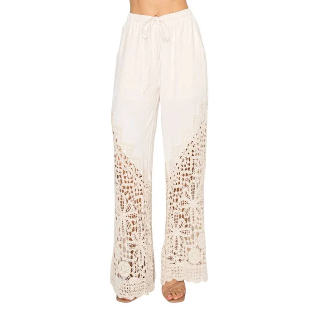 NEW ORIGAMI latte crochet trim pant in beige